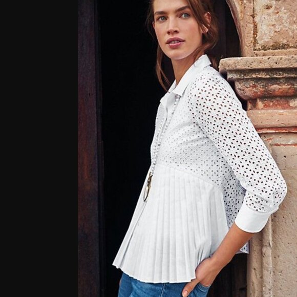 Anthropologie Tops - Anthropologie HD In Paris Eyelet Open Lace Pleated White Button-Down EUC - 10